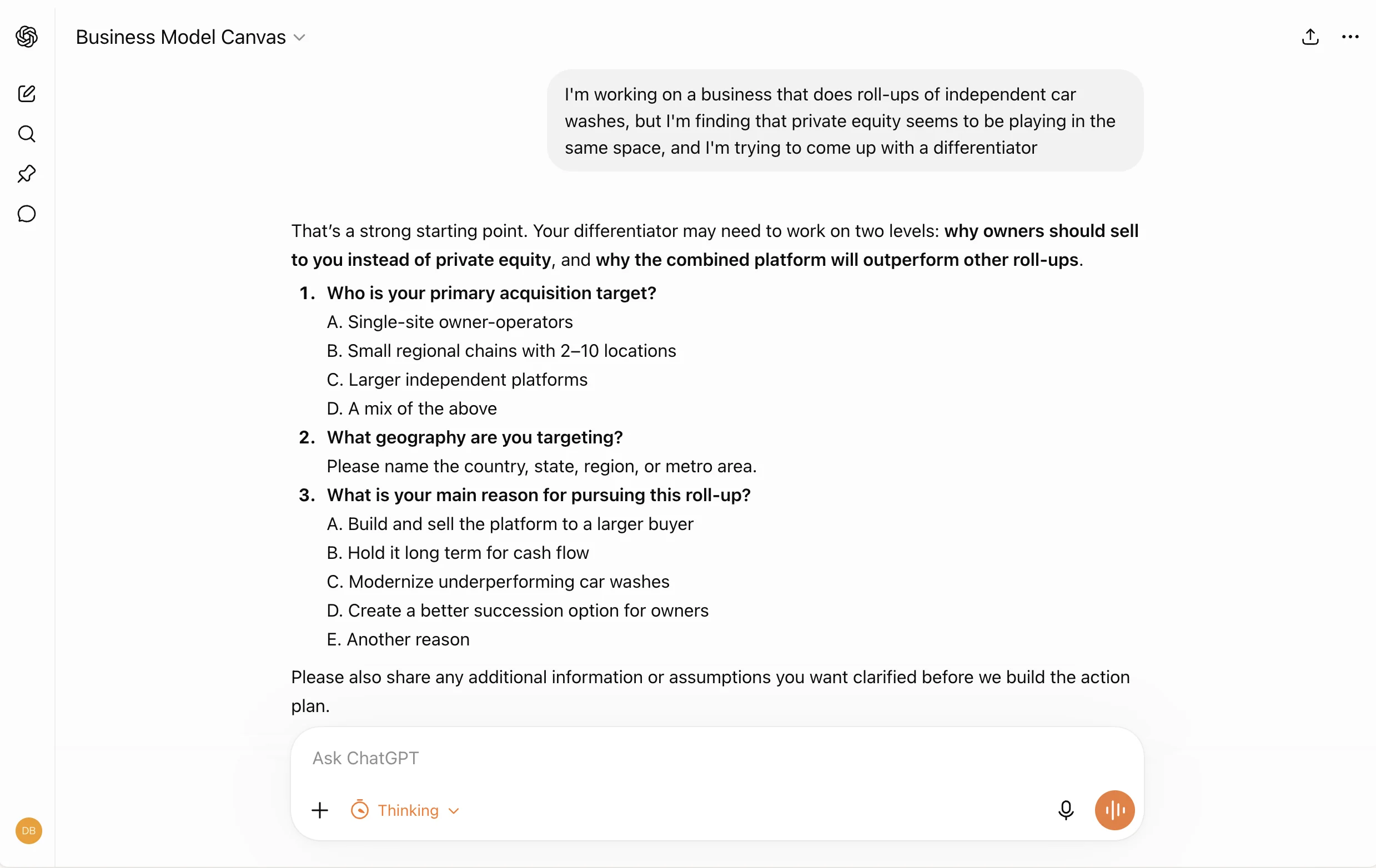 Business Model Canvas GPT asking questions about a car-wash roll-up business