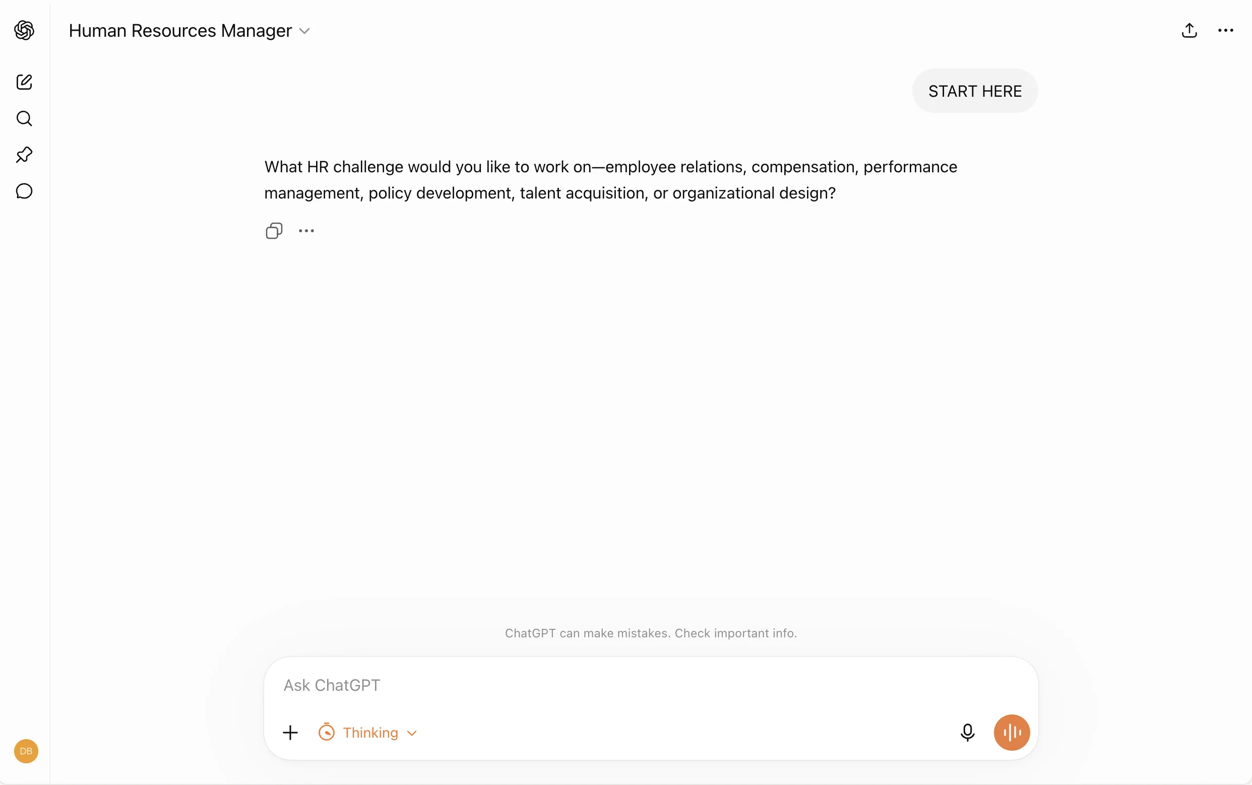 Human Resources Manager GPT asking which HR challenge the user wants to work on