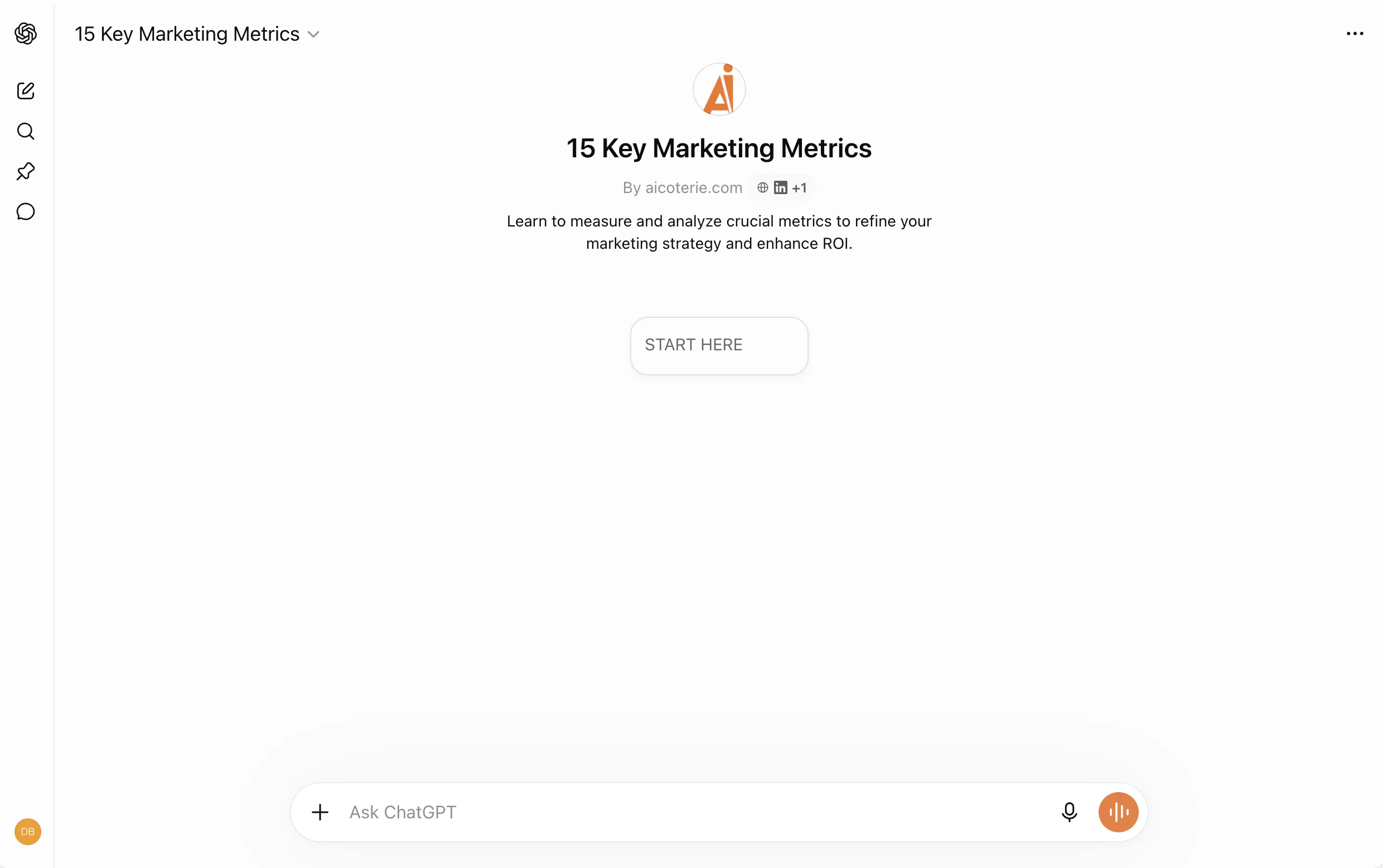 15 Key Marketing Metrics GPT starting screen in ChatGPT