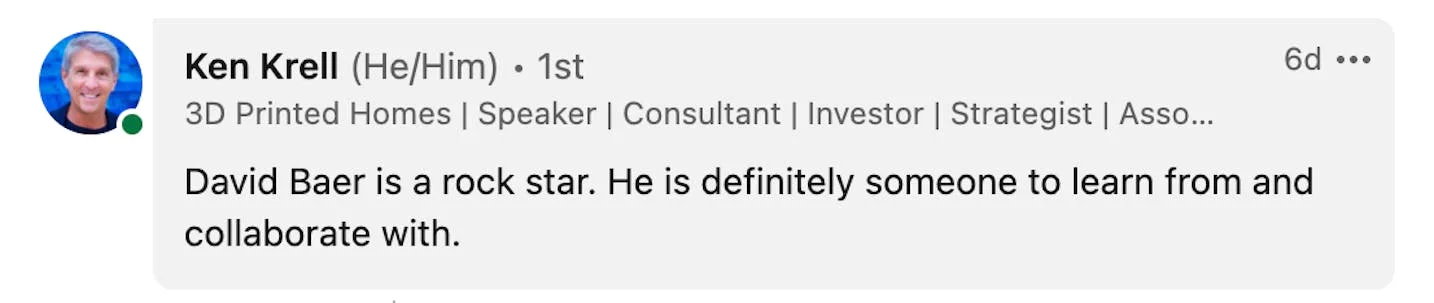 LinkedIn post from Ken Krell about David Baer