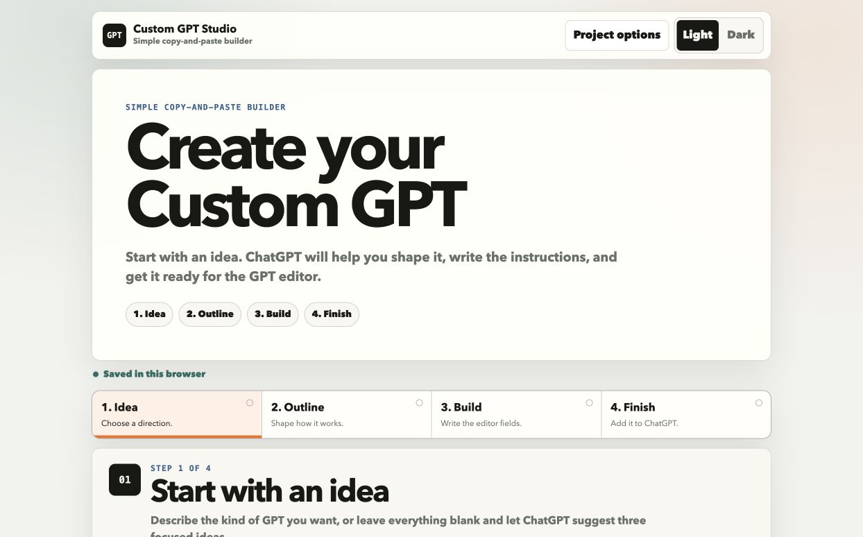 Custom GPT Studio application showing its four-step guided workflow