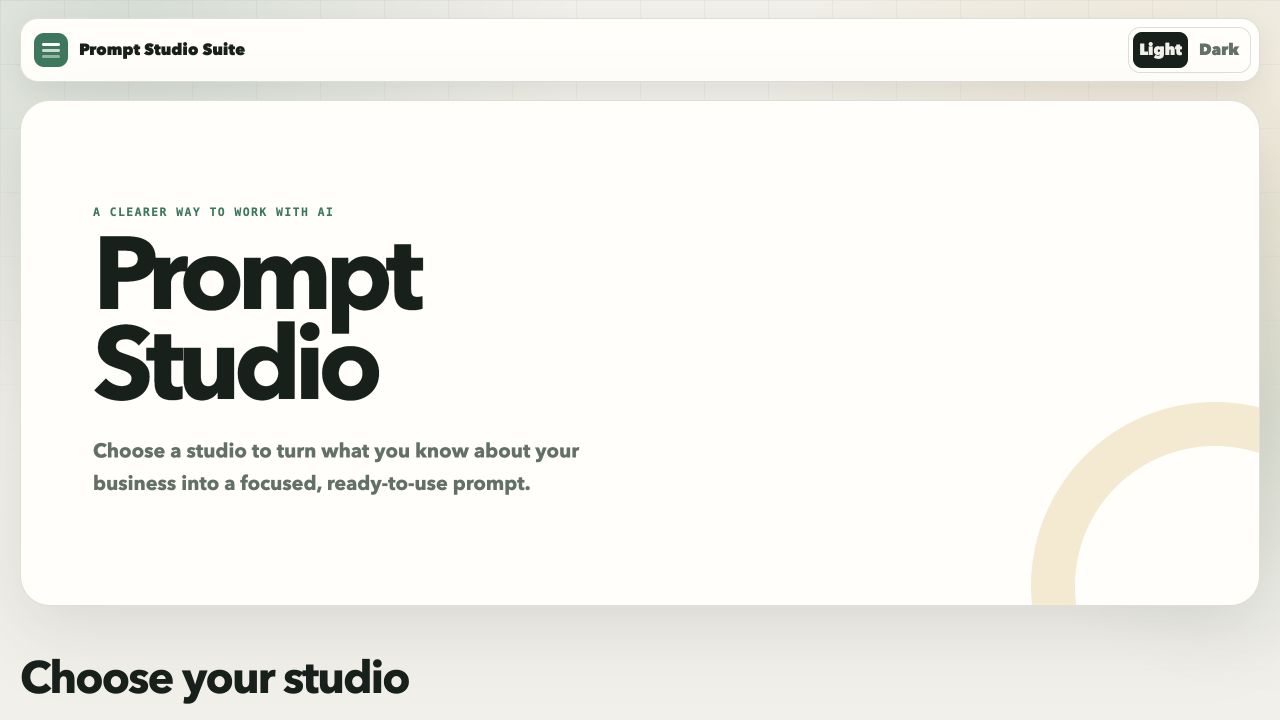 Prompt Studio Suite application showing a focused browser studio for assembling a business prompt