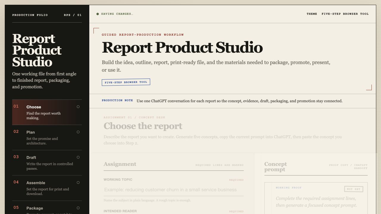 Report Product Studio application showing its five-stage report-production workspace